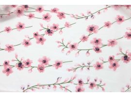 Fabric Printed Chiffon Flowers Meadow Pink Background Ecru